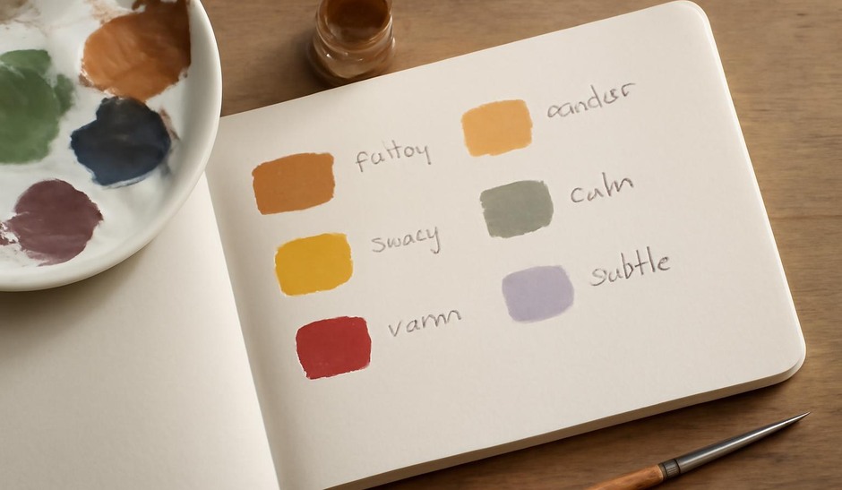 Swatches of paint on a sketchbook page noted with short descriptors