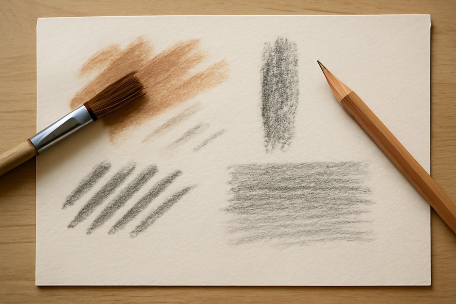 Close-up of varied brush and pencil marks on a study sheet