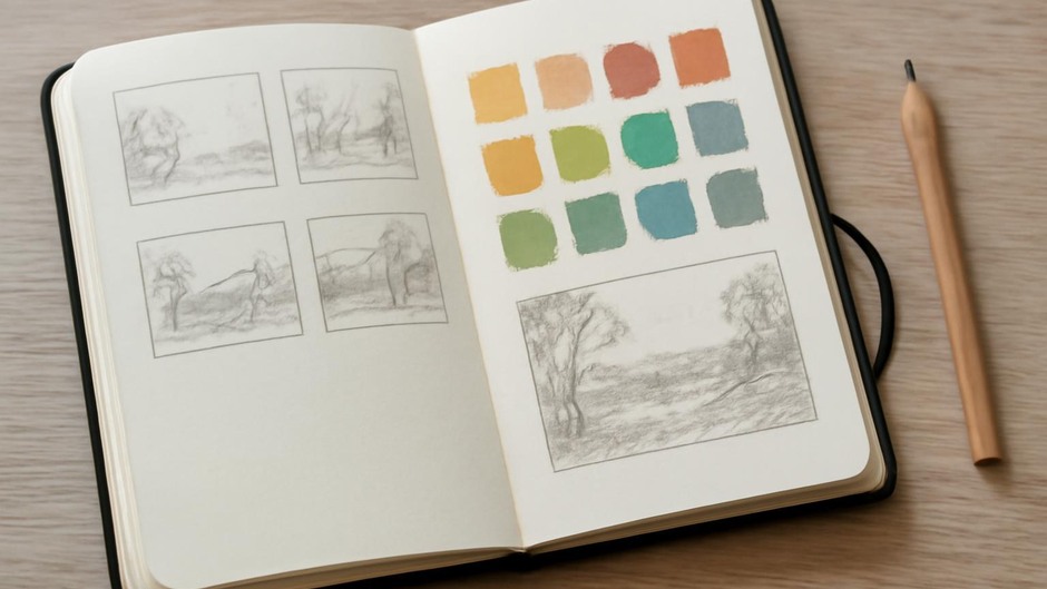 Open sketchbook with thumbnail sketches and colour swatches