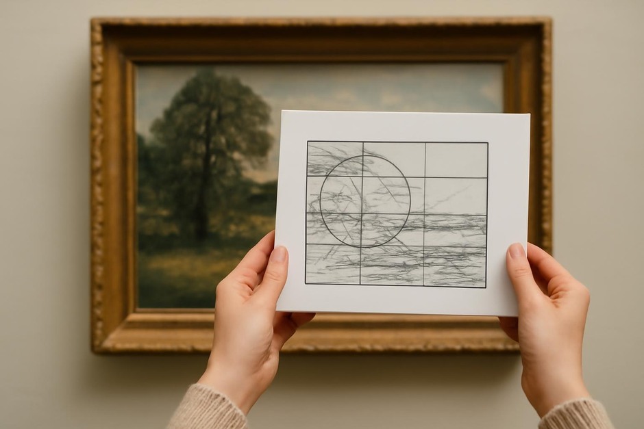Hands holding a printed study of composition over a museum print