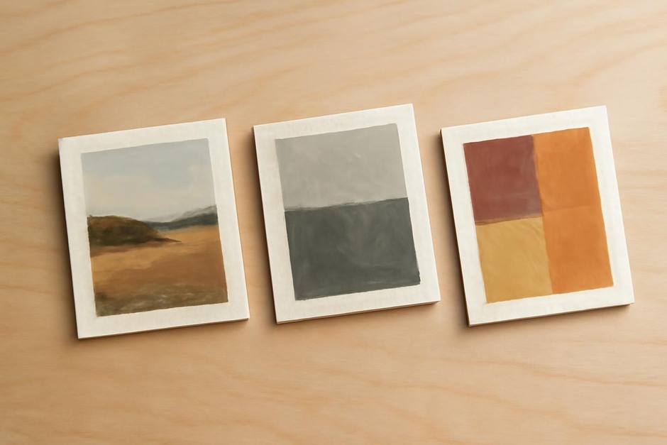 Three small tonal and color studies arranged on a tabletop