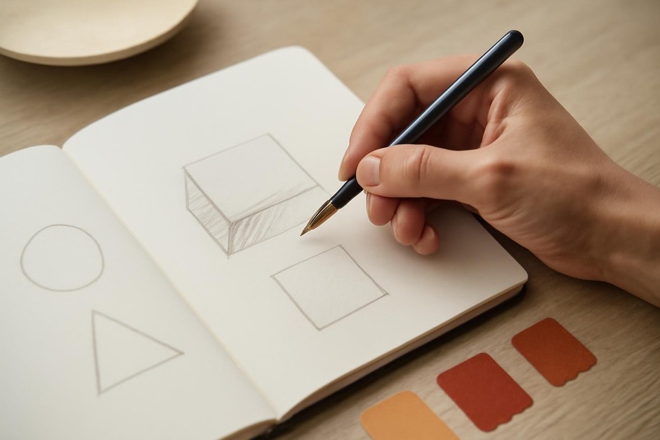 Artist's hand sketching simple shapes in a sketchbook with a pencil and small paint swatches nearby