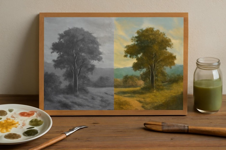A panel showing a monochrome grisaille underpainting beside early colour glazes