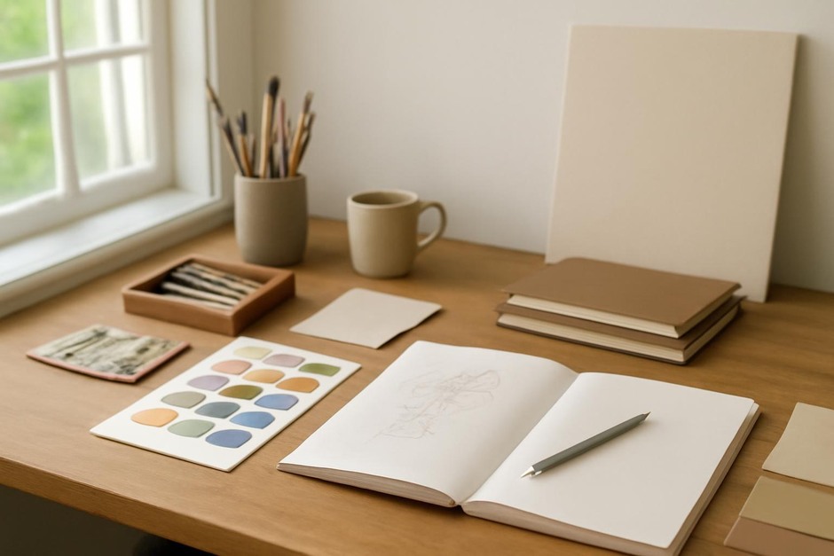 Abstract art desk with color swatches, brush marks, and sketchbook studies.
