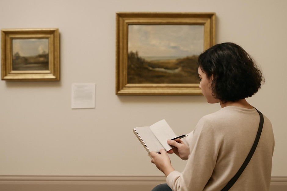 Gallery wall with labels, a visitor making notes in a sketchbook