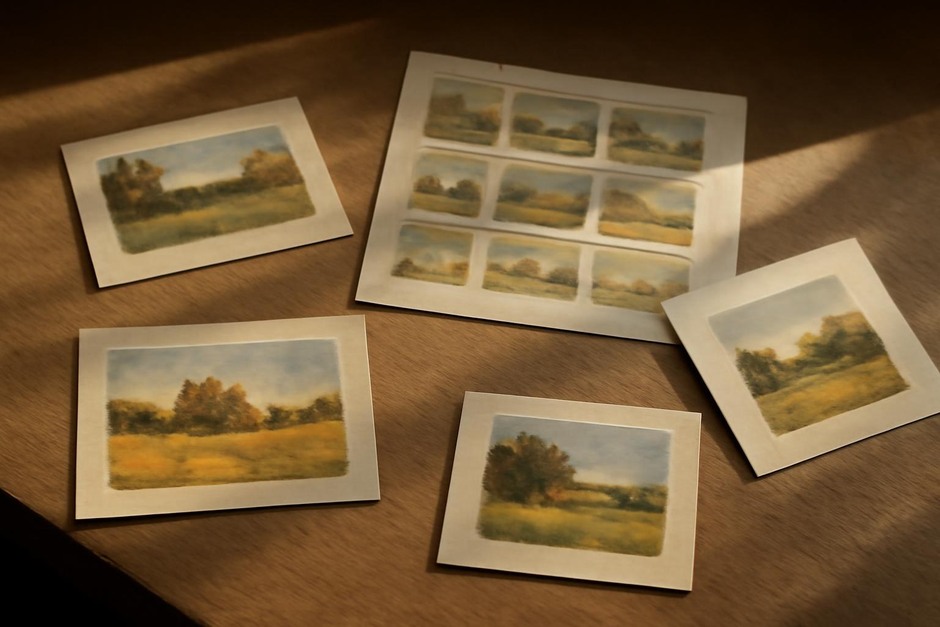 Small study paintings and thumbnails on a table bathed in late afternoon light